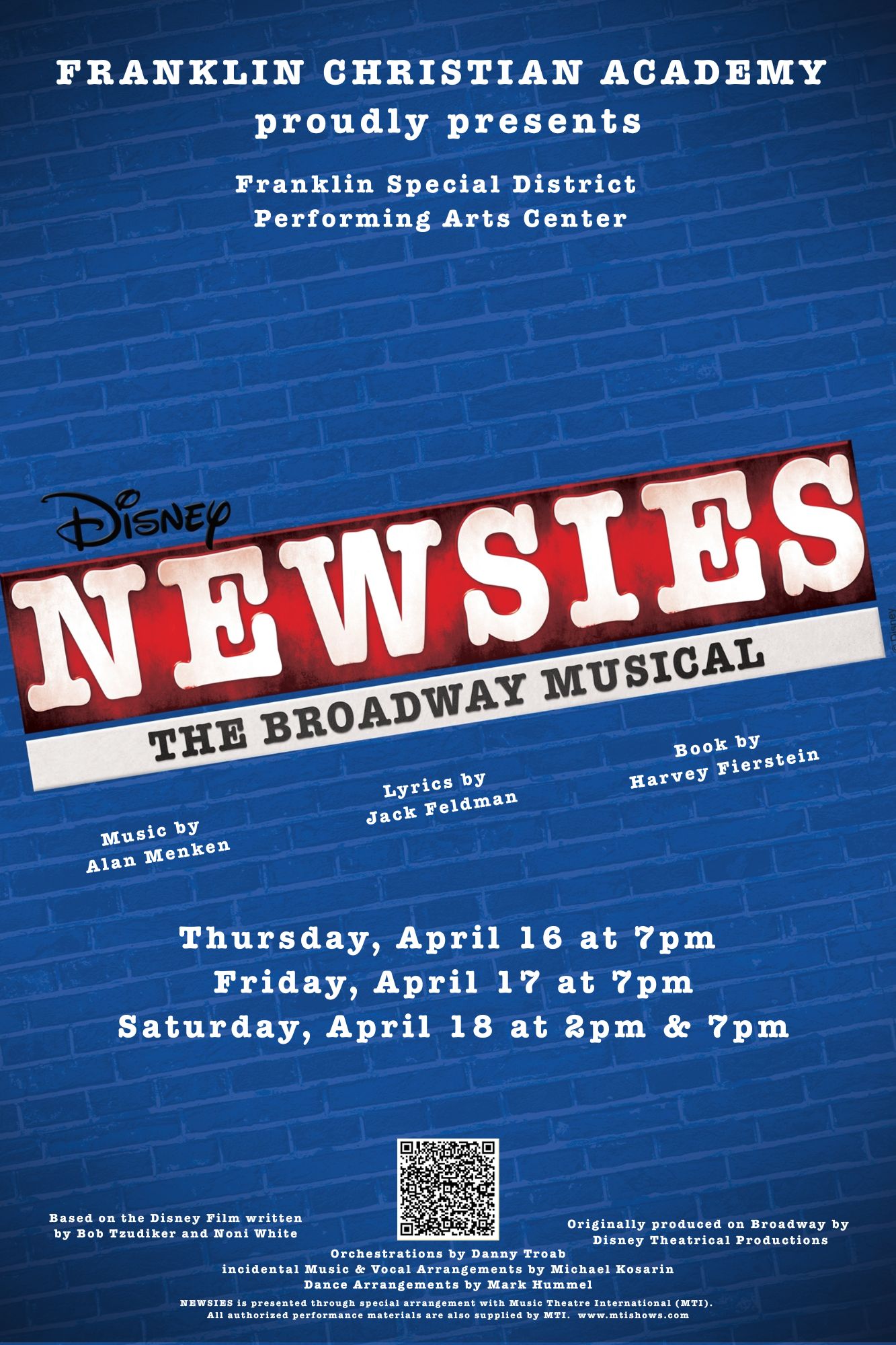 Franklin Christian Academy presents the Broadway musical Newsies at the Franklin School District's Performing Arts Center in Franklin, TN.
