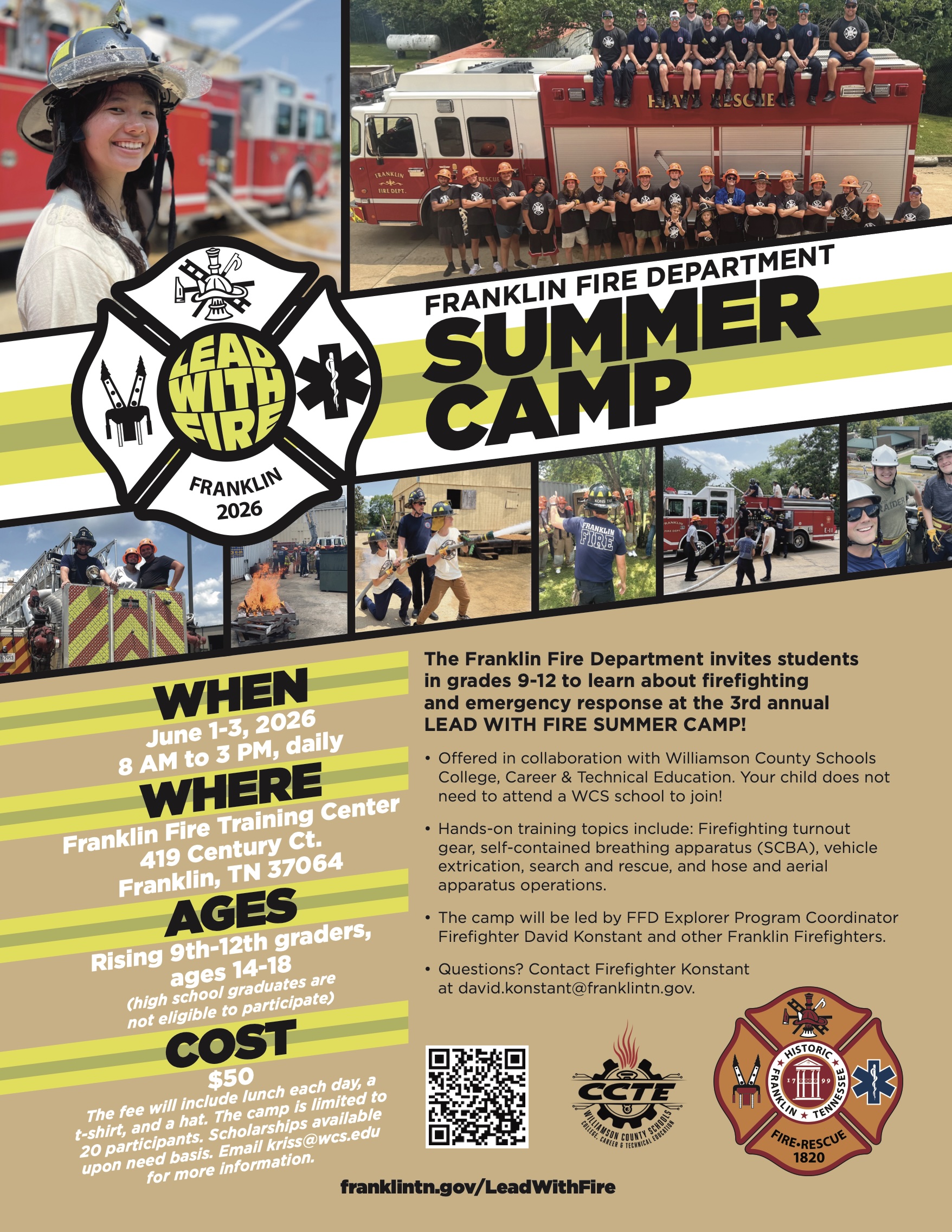 Franklin Fire Department Summer Camp Lead With Fire flyer.