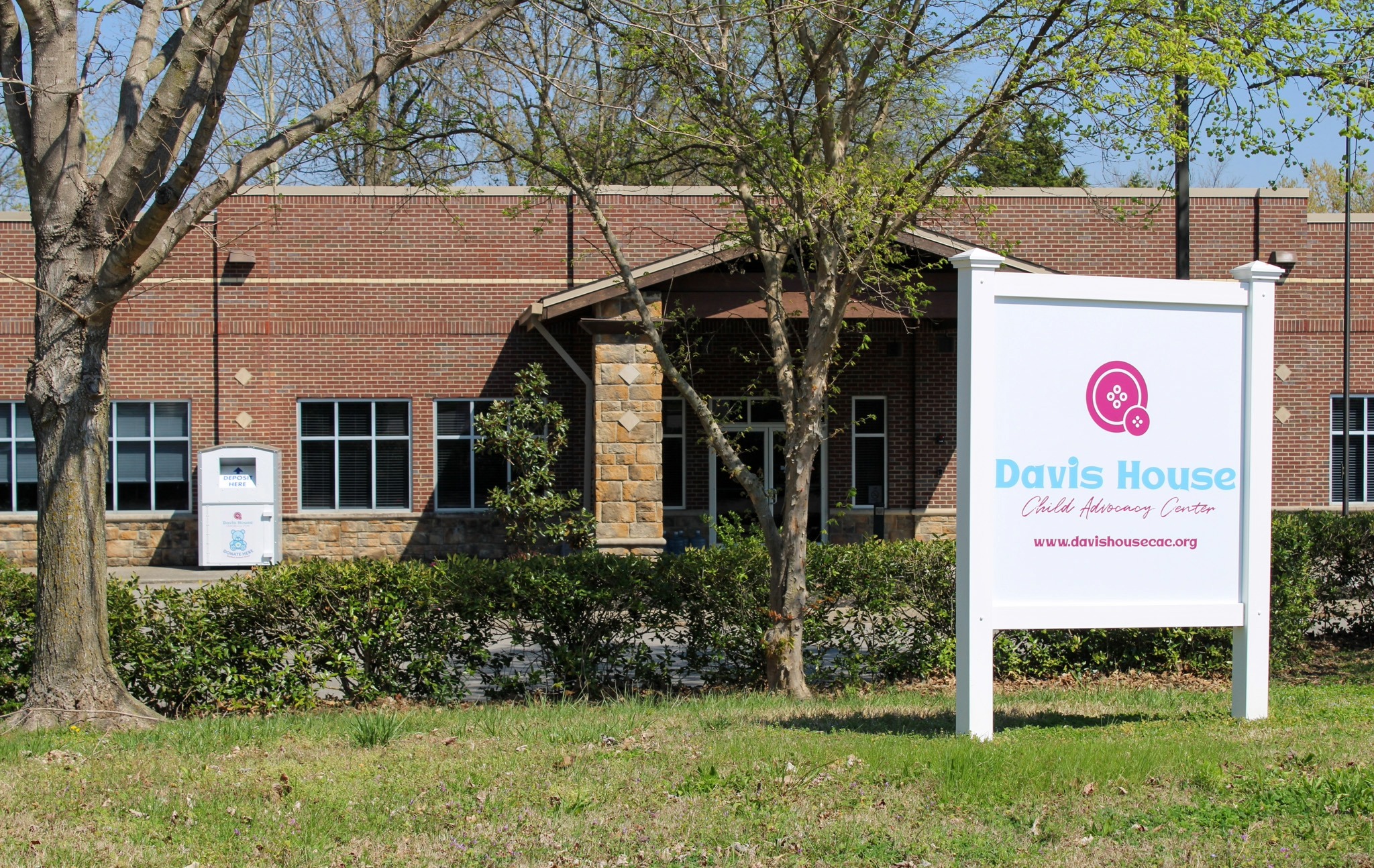Davis House Child Advocacy Center _ Franklin, TN, showing the building and Stuffed Animal donation box.