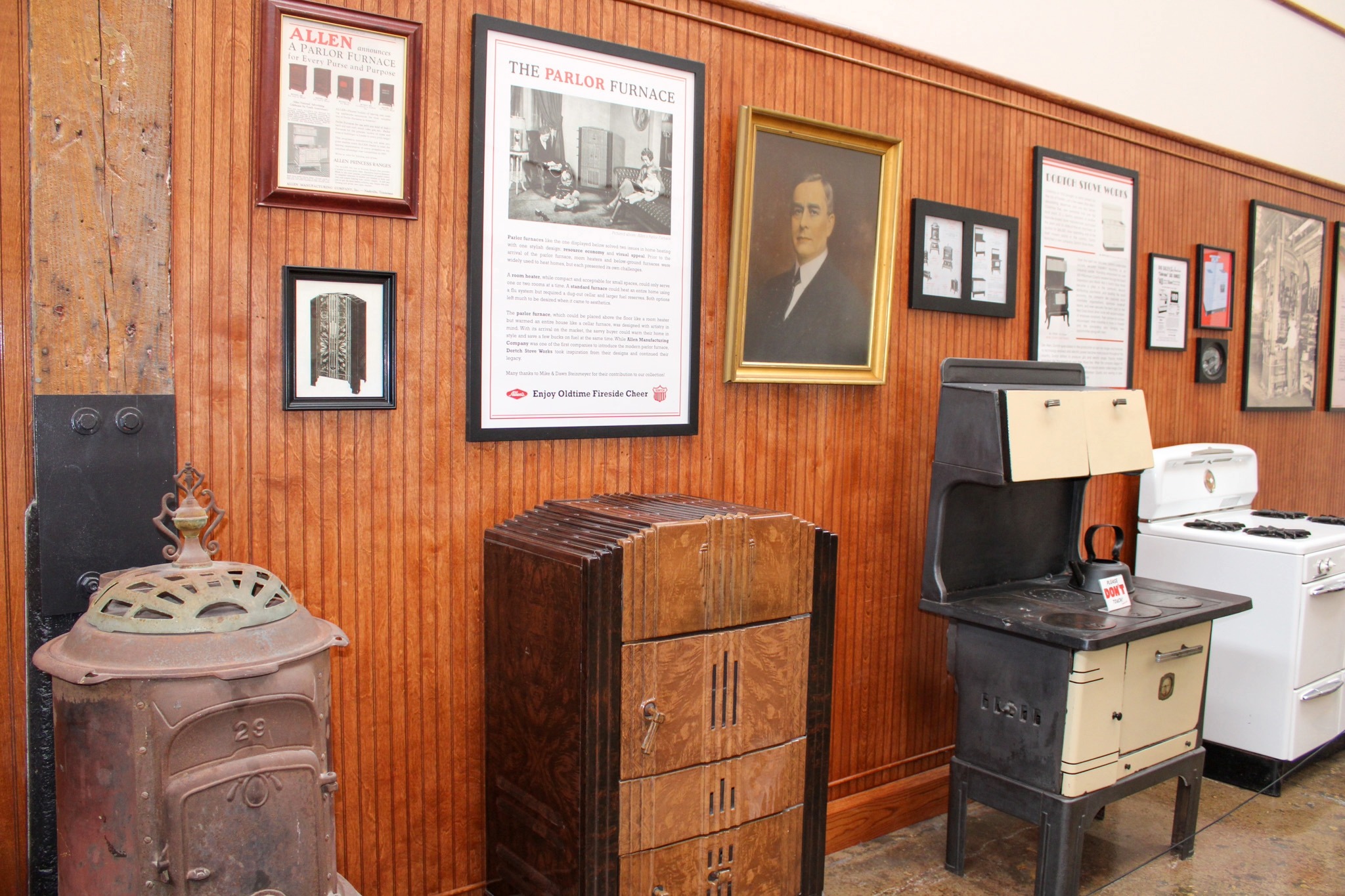 Historic stoves, furnace, and exhibits at The Factory Museum in Franklin, TN.