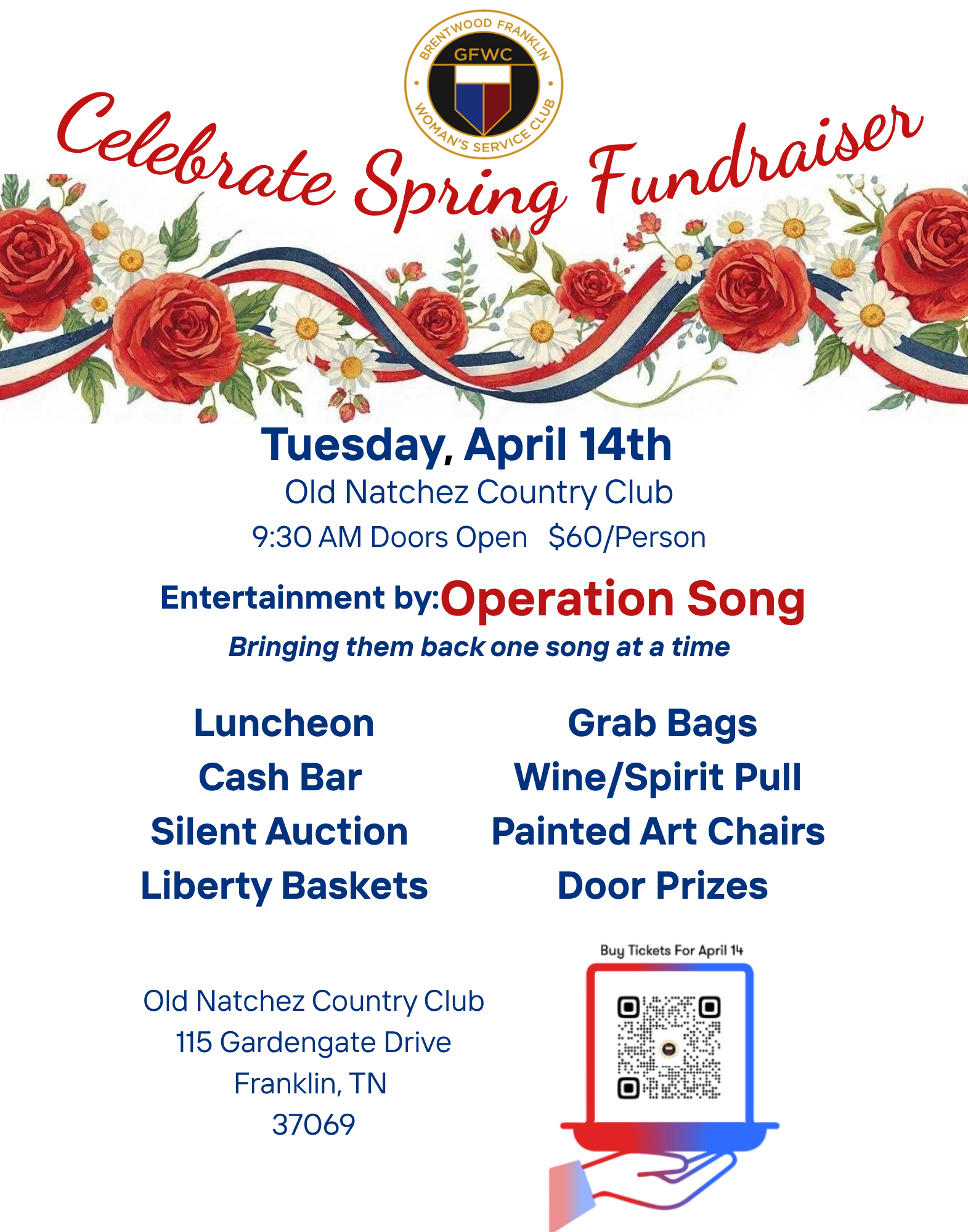 Brentwood Franklin Woman's Service Club is hosting our signature luncheon/fundraiser at Old Natchez Country Club on April 14th. Musical artists from Operation Song will be performing veteran inspired songs. Tickets are $60 and available until April 7th.