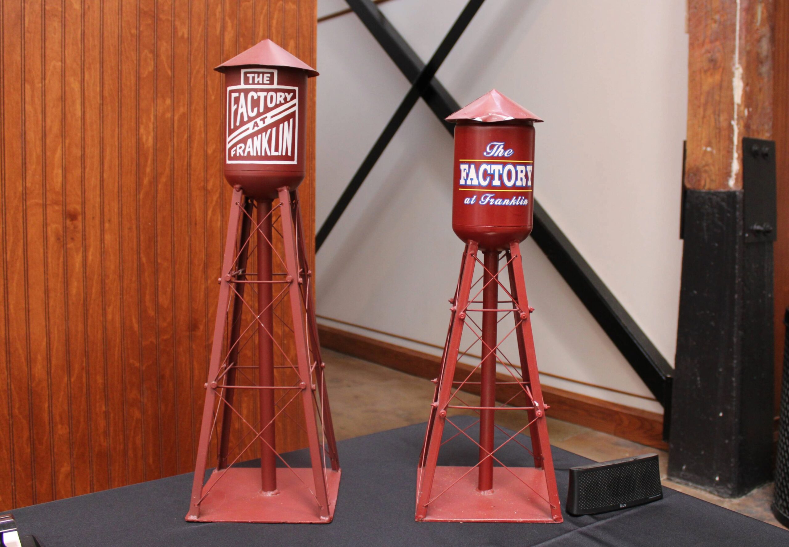 The Factory Museum - Model water towers with The Factory at Franklin logo displayed inside Building 8 in Franklin, TN.