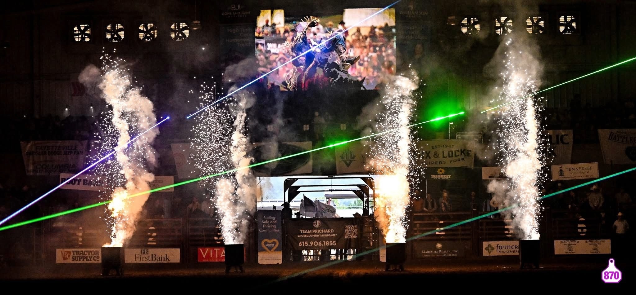 Franklin Rodeo arena opening with lights, fireworks, and crowd in Williamson County, Tennessee
