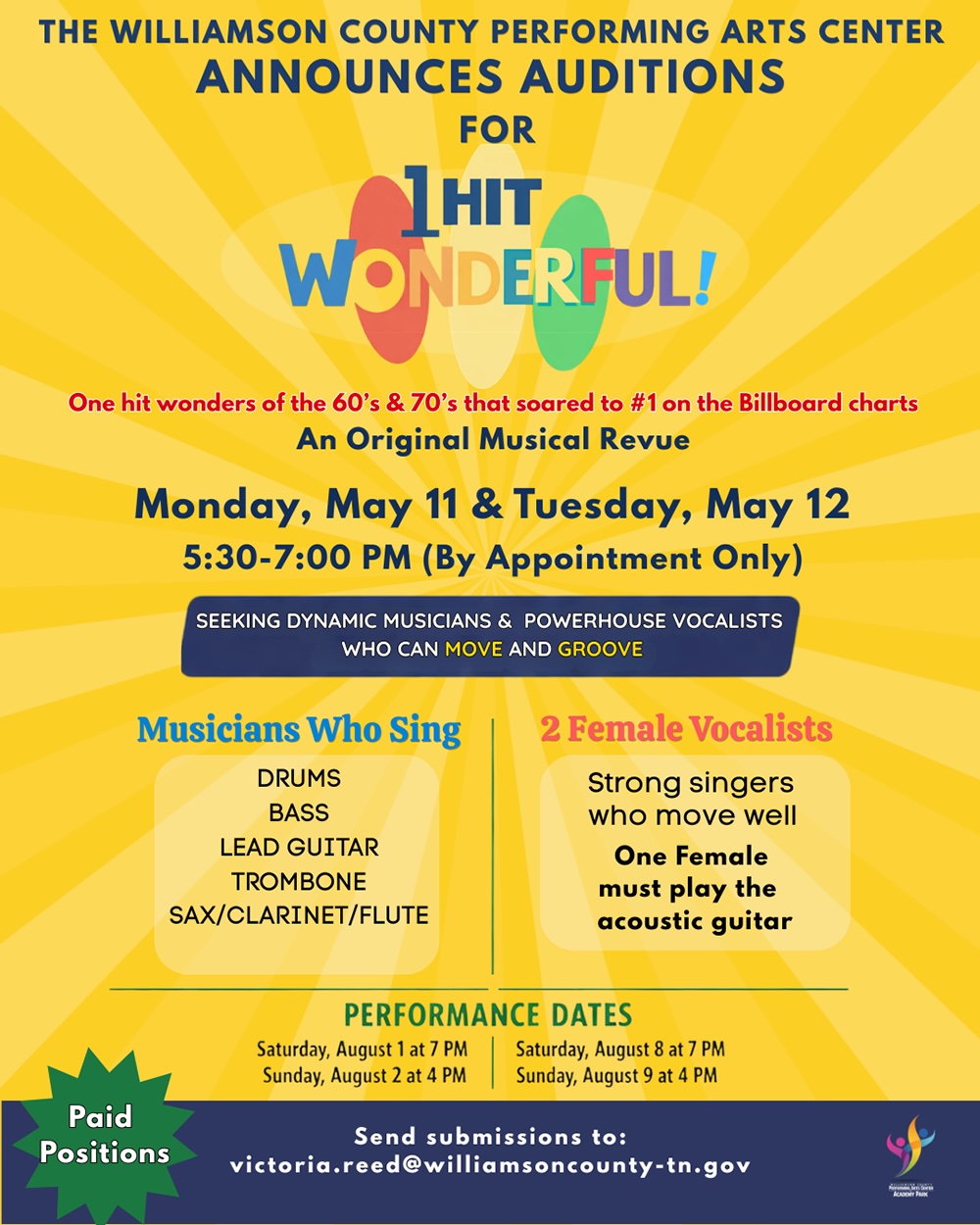 Williamson County Performing Arts Center in Franklin Announces Auditions for Original Musical Revue “One Hit Wonderful!”