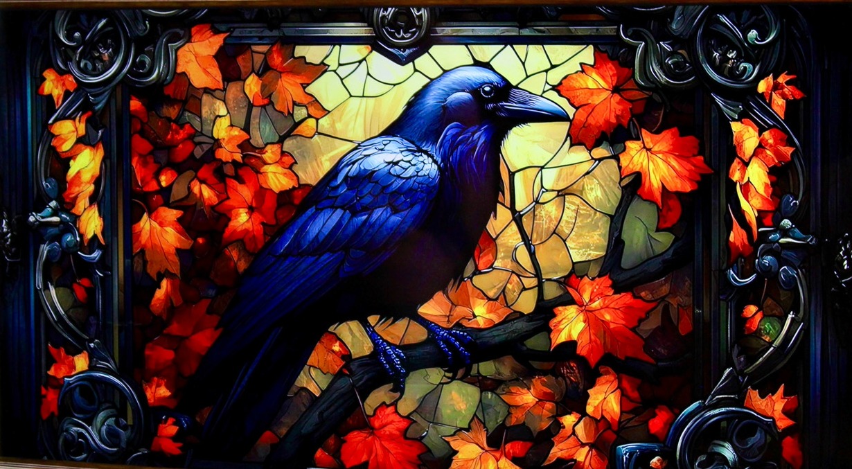 The Raven Book Lounge in Brentwood, TN, showing stained glass raven artiword with red and orange leaves.