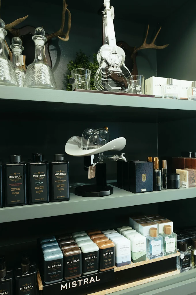 Southern Cottage, Downtown Franklin, Tennessee, men’s cologne display inside the boutique