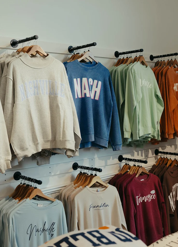Southern Cottage, Downtown Franklin, Tennessee, women’s sweatshirts and crewneck apparel displayed inside the boutique