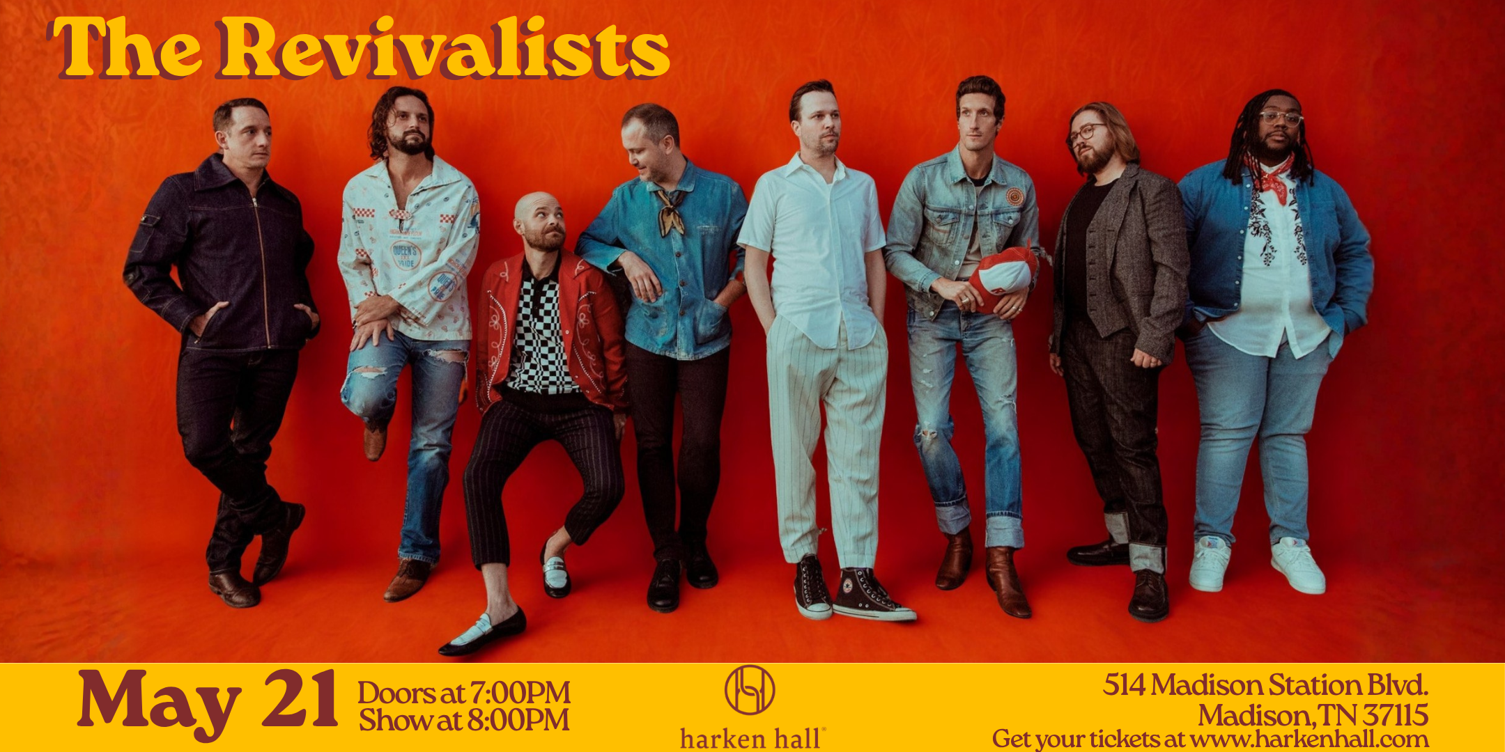 Multiplatinum band The Revivalists will bring their dynamic, genre-blending sound to Harken Hall on May 21 at 8:00 p.m.