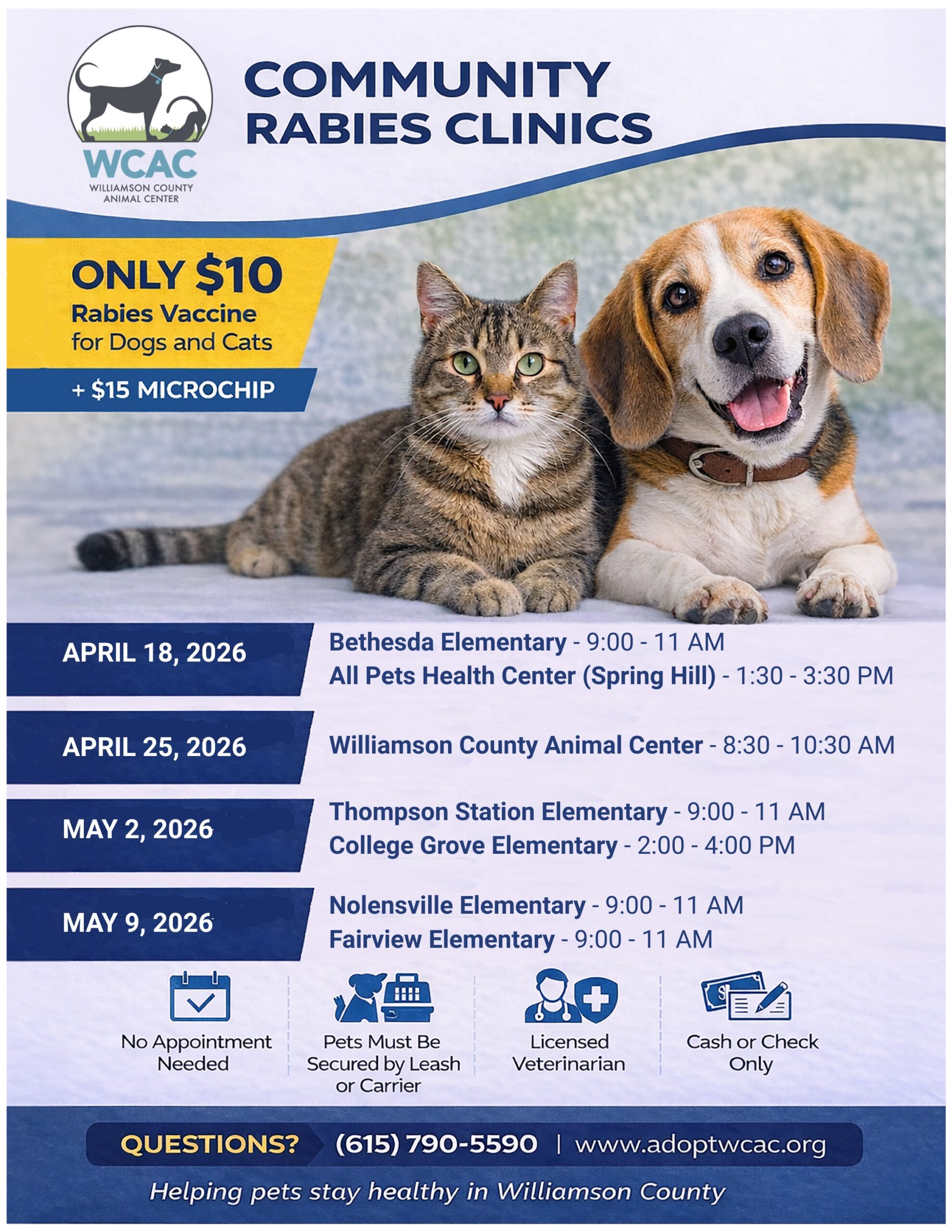 Williamson County Animal Center Announces Schedule for Low and No Cost Vaccinations in Franklin, TN.