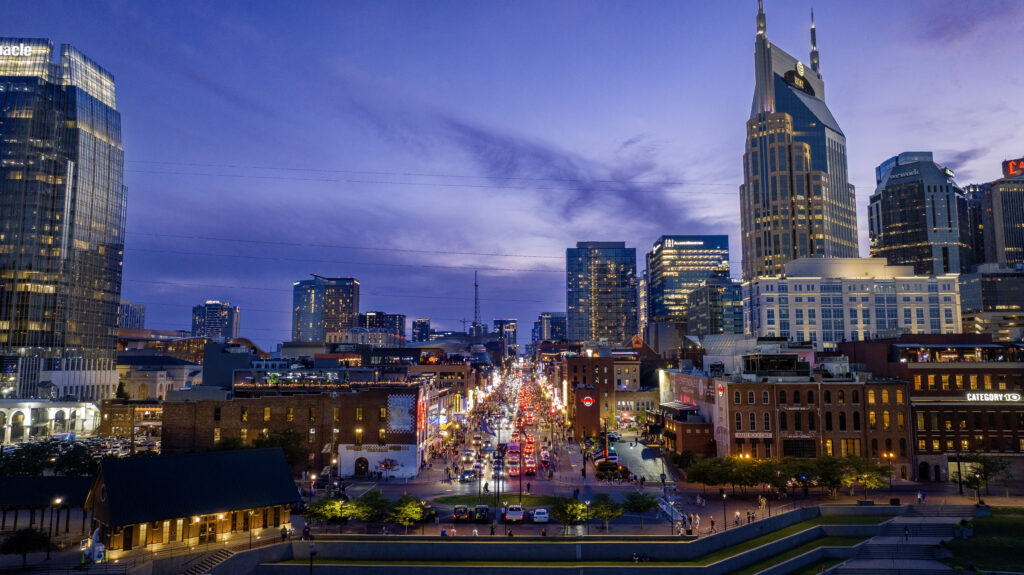 Super Bowl 2030 in Nashville, showing skyline and Lower Broadway.