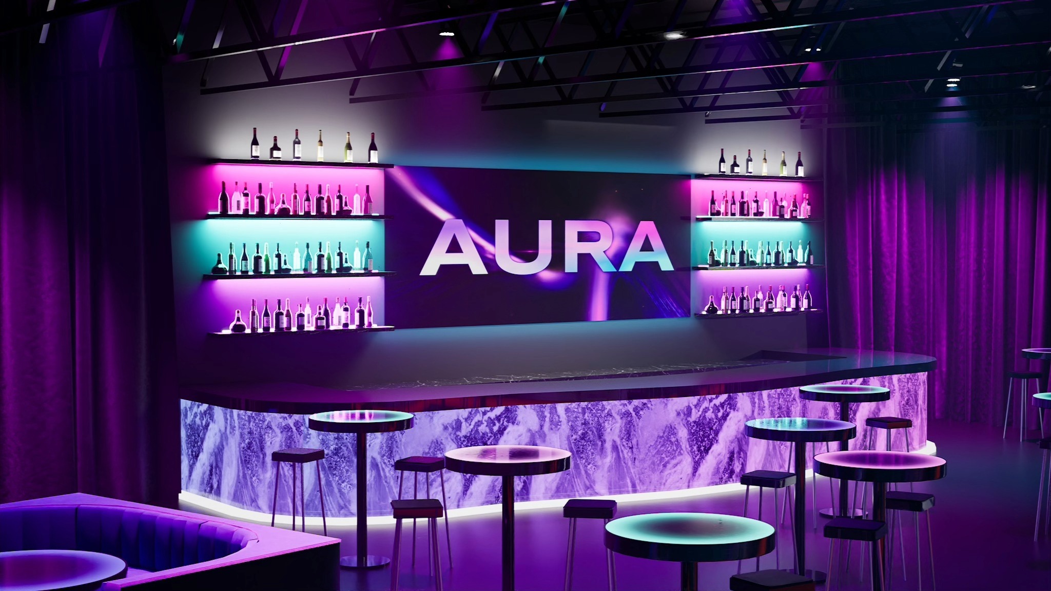 Aura Events Center venue in Nashville, TN, featuring a modern bar area with purple lighting, lounge seating, and event space.