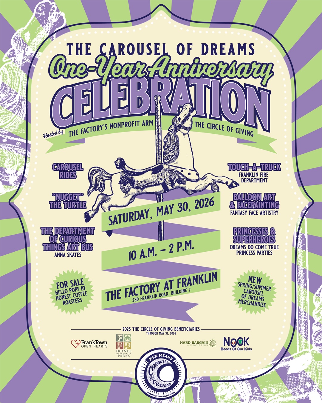 Celebrate one magical year of the Carousel of Dreams at this family-friendly anniversary event hosted by The Circle of Giving, the nonprofit arm of The Factory at Franklin in Franklin, TN.