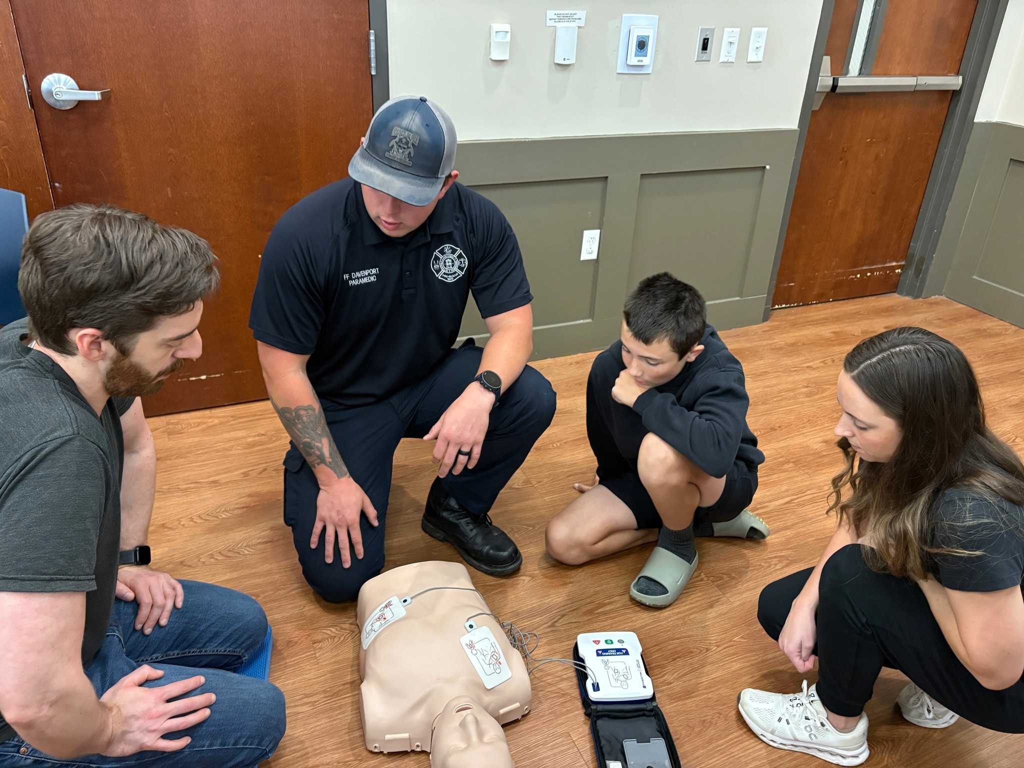 Franklin Fire Department paramedic demonstrates CPR and AED use during a community safety training at The Factory at Franklin in Franklin, TN.