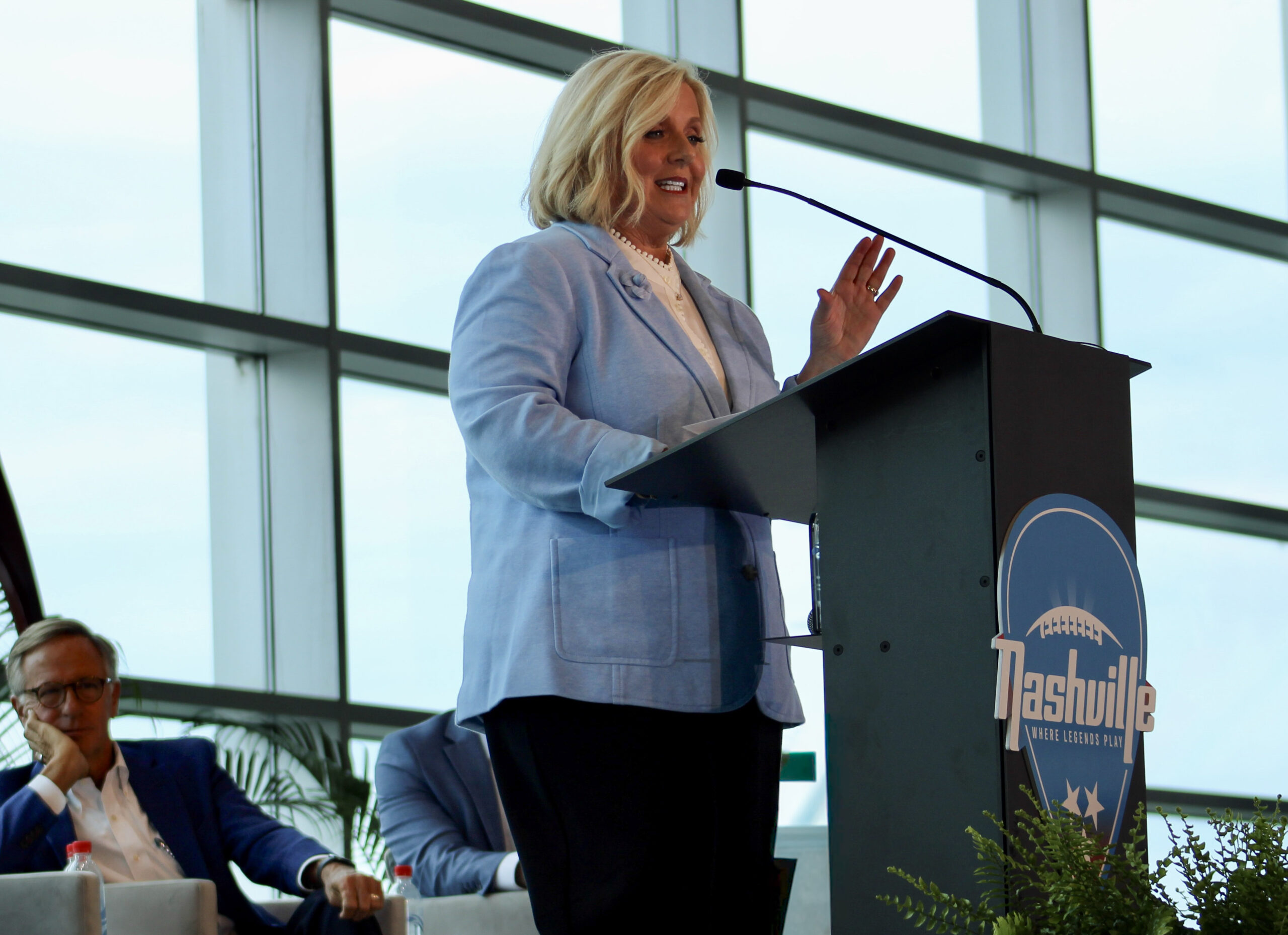 Deana Ivey speaks at a Nashville press conference about Super Bowl LXIV coming to New Nissan Stadium in 2030.