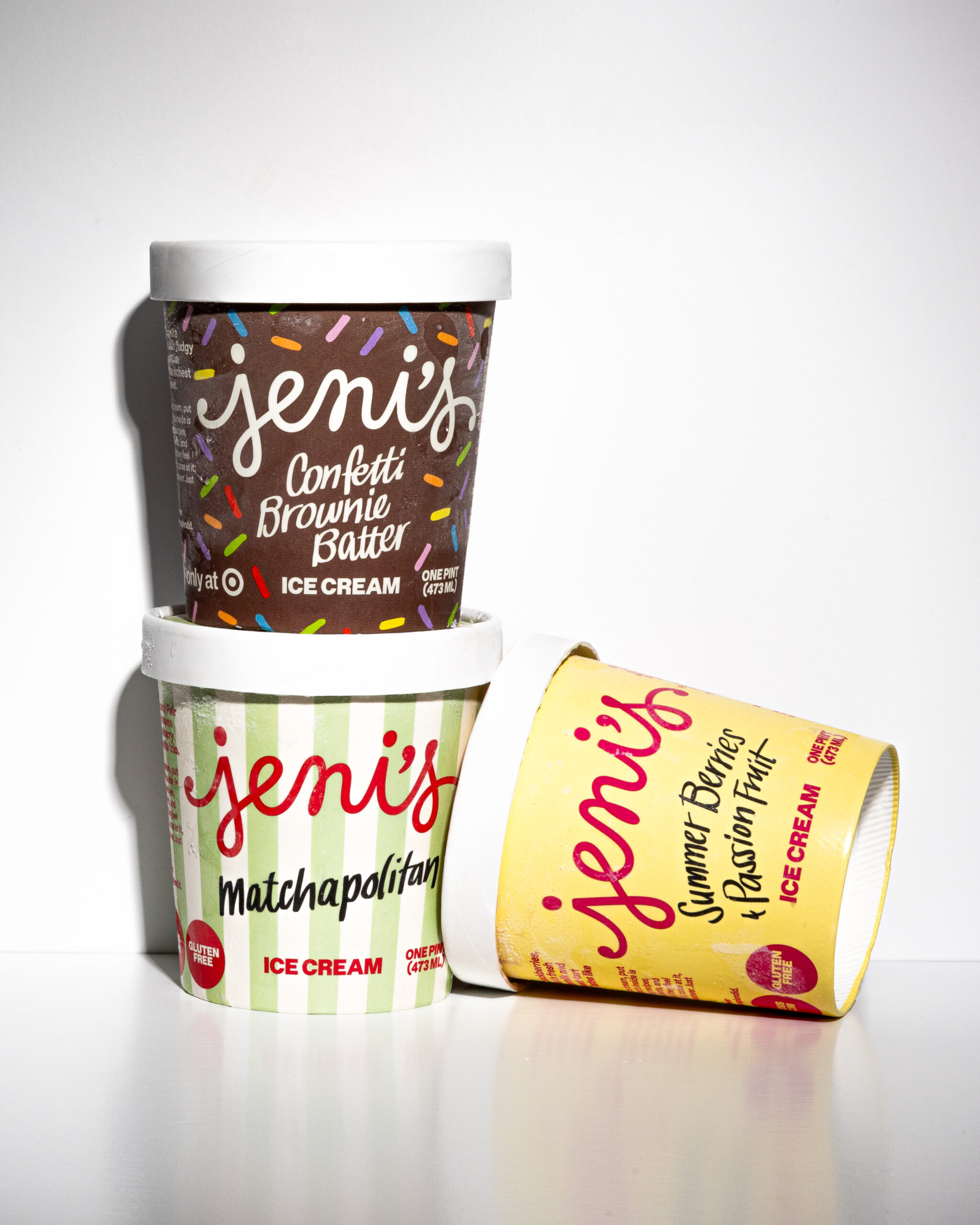 Jeni’s Nashville Summer Collection ice cream pints featuring Confetti Brownie Batter, Matchapolitan, and Summer Berries & Passion Fruit.
