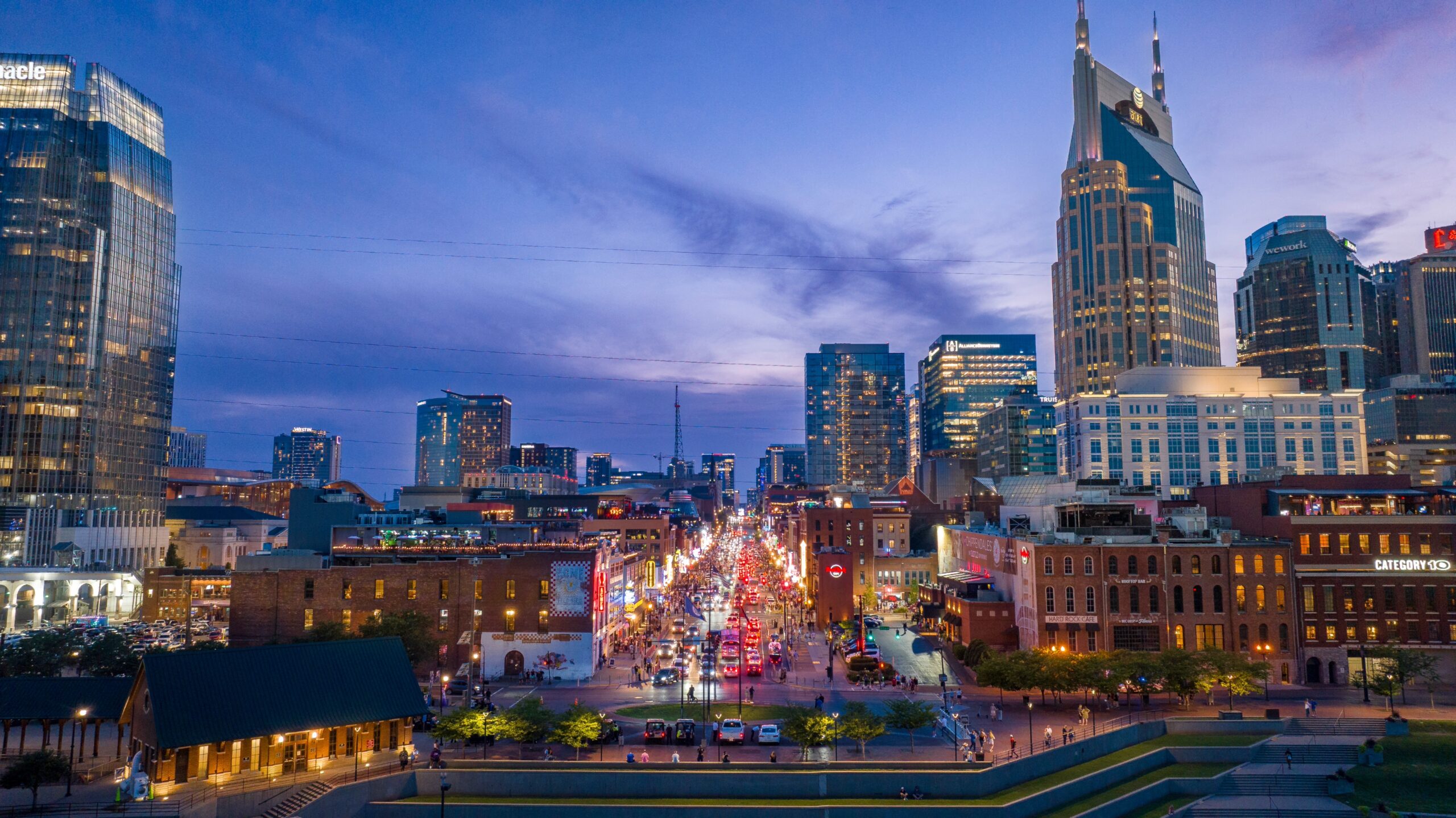 Lower Broadway and the Nashville skyline at dusk, where a public celebration is planned for Super Bowl Nashville 2030.