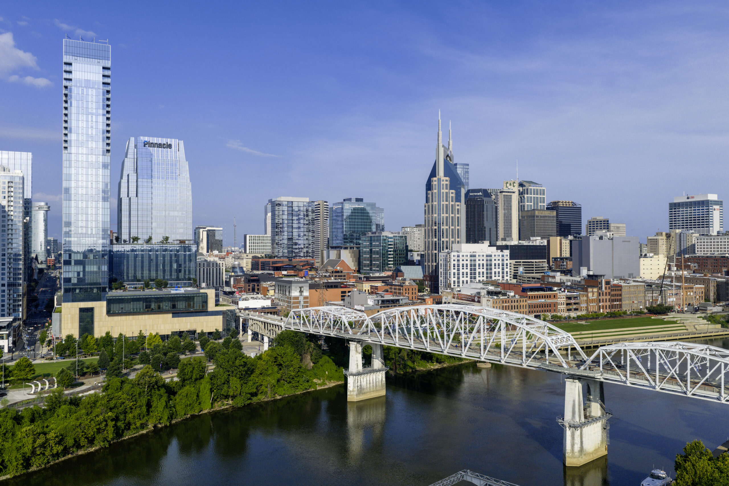 Nashville skyline and Cumberland River representing Music City as the host of Super Bowl LXIV in 2030.