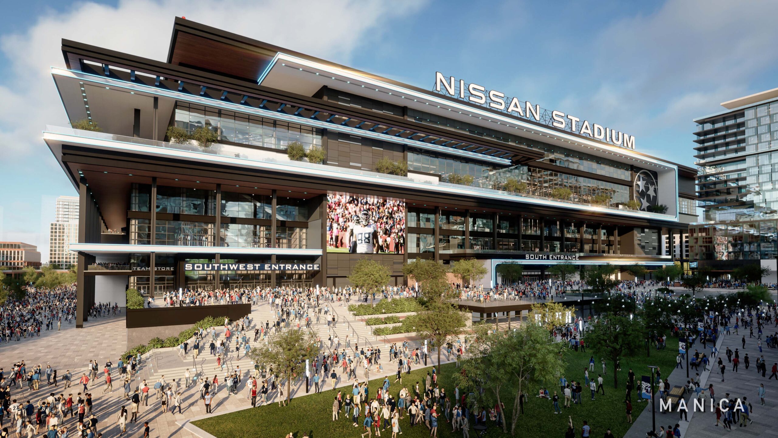 Exterior rendering of New Nissan Stadium, where Super Bowl LXIV will be played in Nashville in 2030.