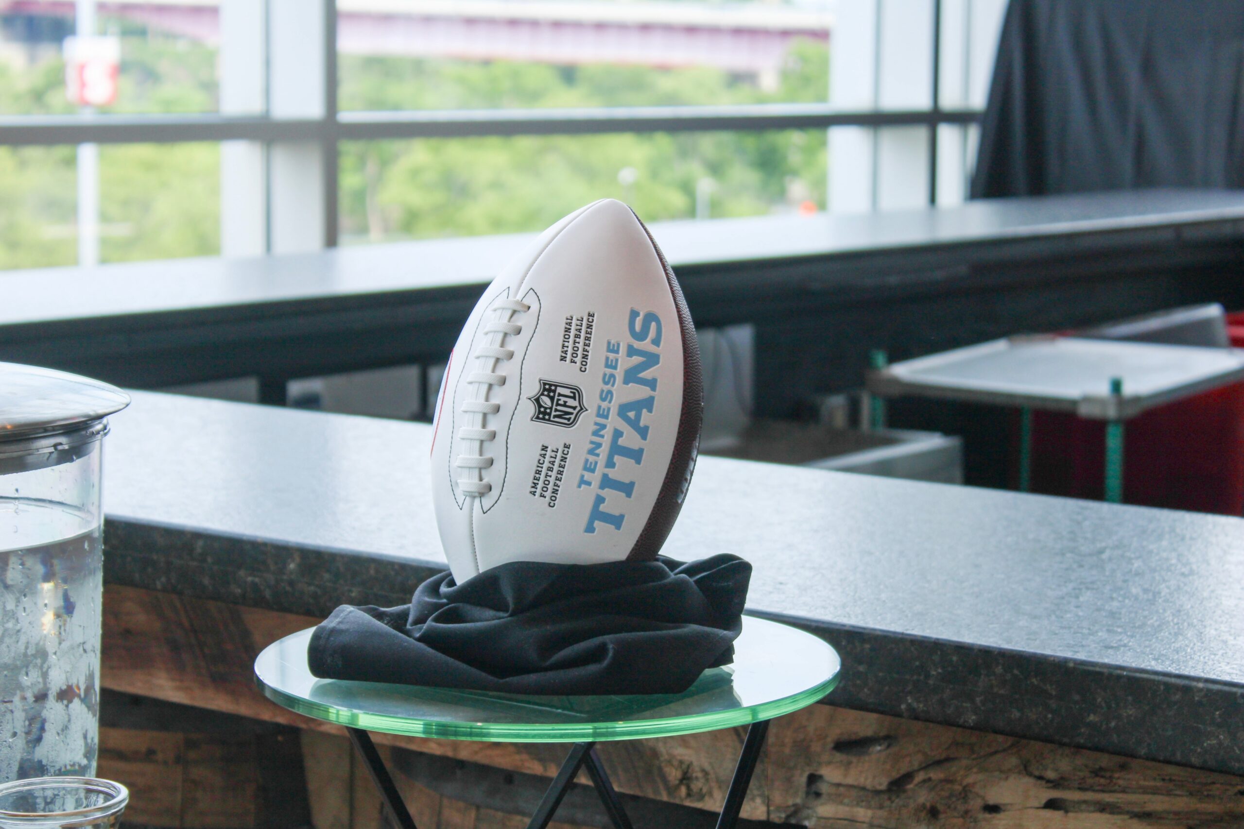 Tennessee Titans football displayed at a Super Bowl Nashville 2030 press event.