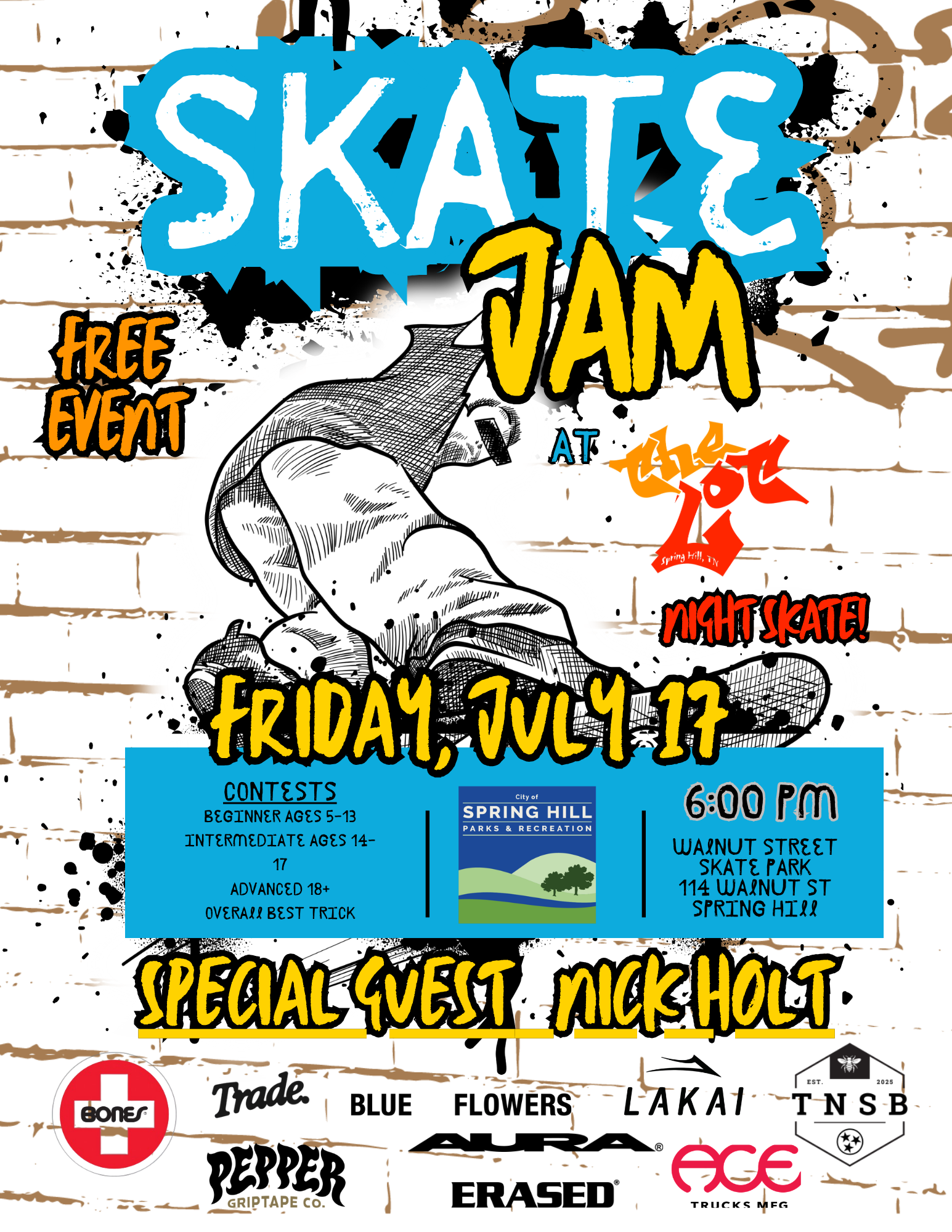 2026 Skate Jam in Spring Hill, TN, event for all ages at Walnut Street Skate Park.