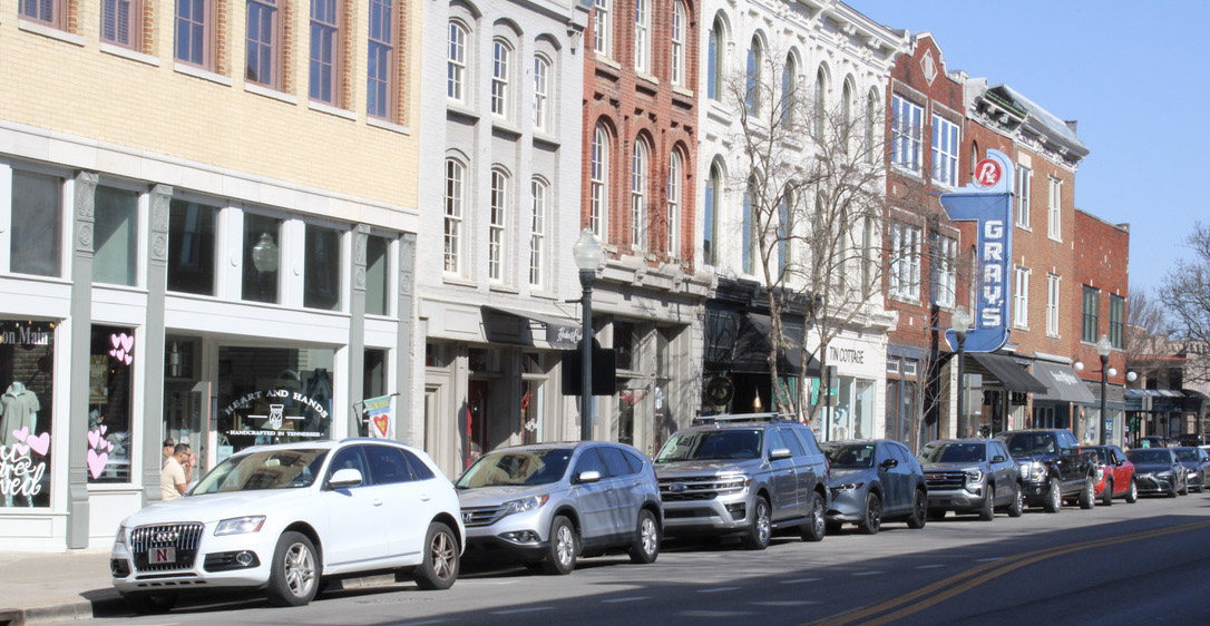 Downtown Franklin TN parking study with cars parked along Main Street near Gray’s on Main