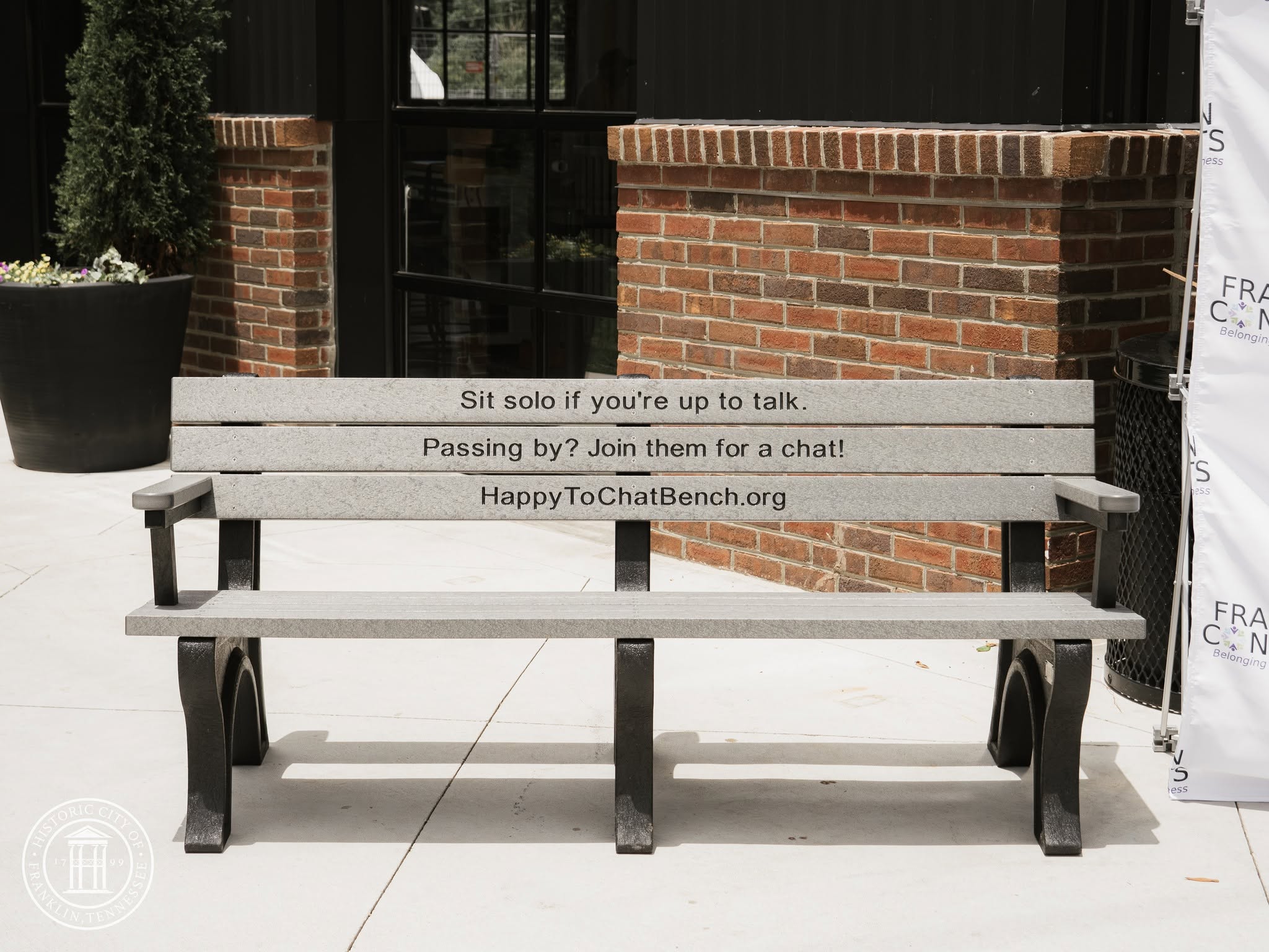 Franklin Connects Happy to Chat bench at The Factory at Franklin in Franklin, Tennessee.