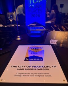 Tennessean Names City of Franklin, TN A Winner Of The Middle Tennessee area Top Workplaces 2026.