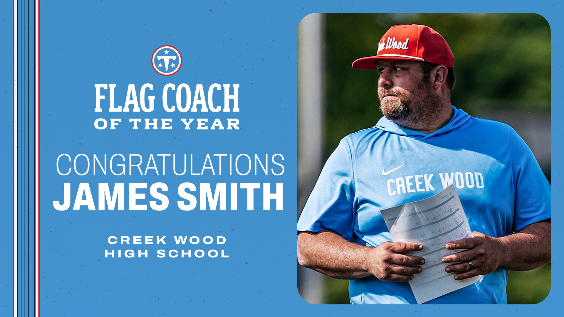 Tennessee Titans Name Creek Wood’s James Smith 2026 Girls Flag Football Coach of the Year.