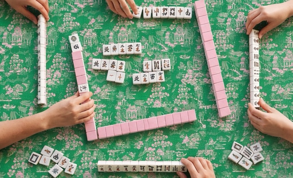 The Mahjong Club in Brentwood, TN players arranging tiles on a green mahjong table.