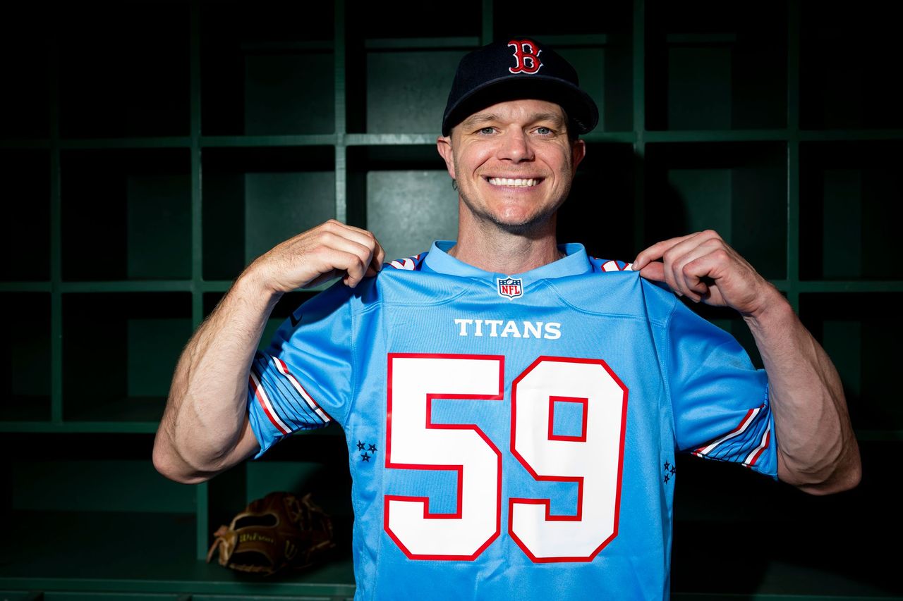 Sonny Gray wears a Tennessee Titans Tim Shaw jersey on Lou Gehrig Day to support ALS awareness in a photo courtesy of the Boston Red Sox.