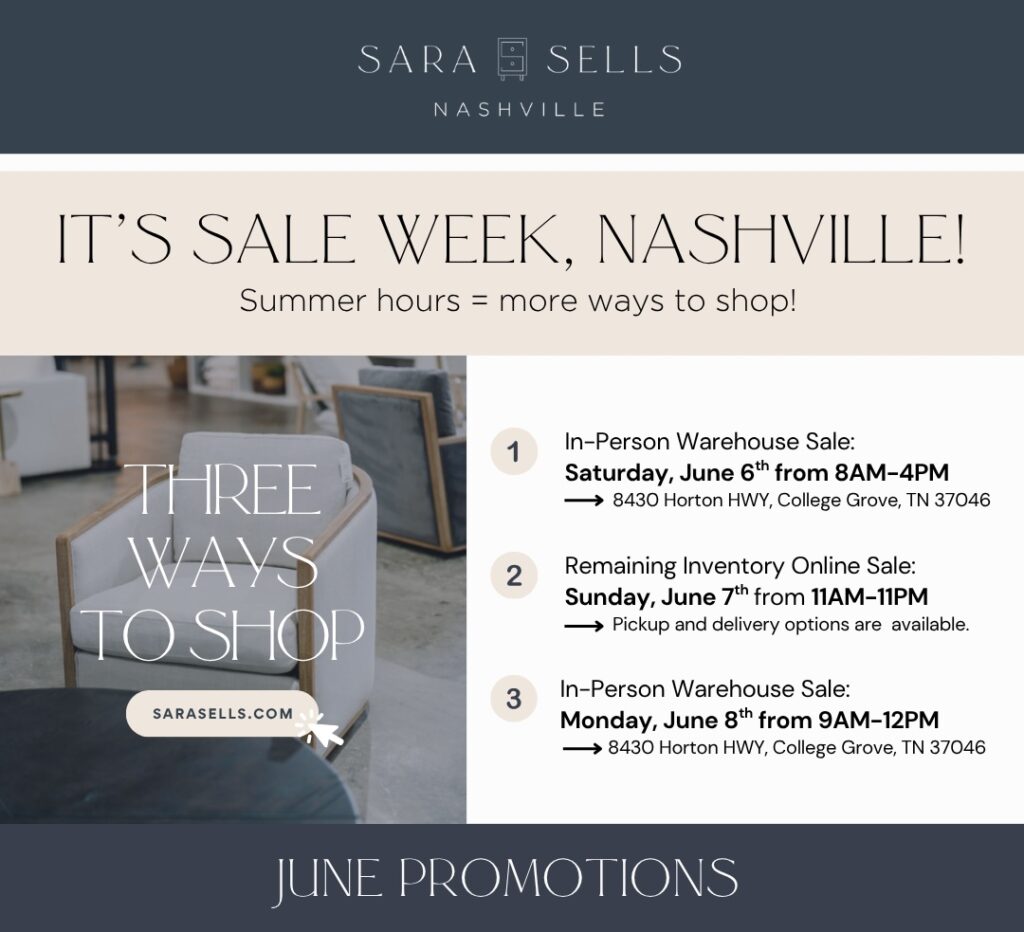 Sara Sells Nashville Warehouse Sale in June in College Grove, TN.
