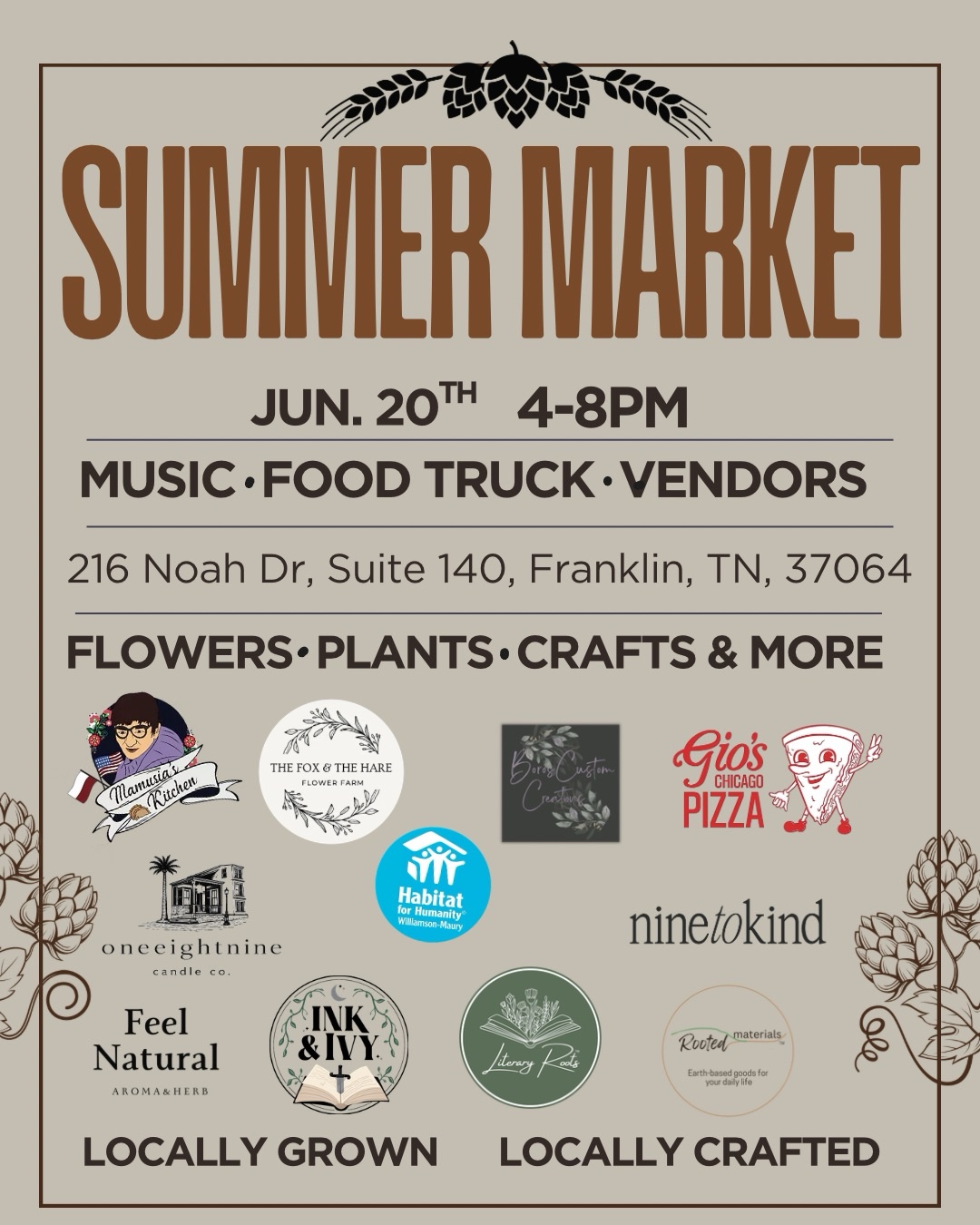 Summer Market in Franklin, TN, featuring local vendors, tasty bites from Mamusia’s and Gio’s Chicago Pizza, live music by Steve from the Neighborhood, and a bounce house for the kids—making it the perfect day to shop small, soak up the sun, and support your community.
