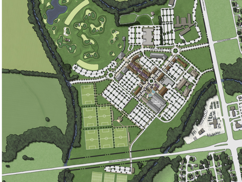The Banks at Brownland site plan by BLVD Capital showing proposed sports fields, hockey facility, golf practice area, retail space and parking at Brownland Farm in Franklin, TN.