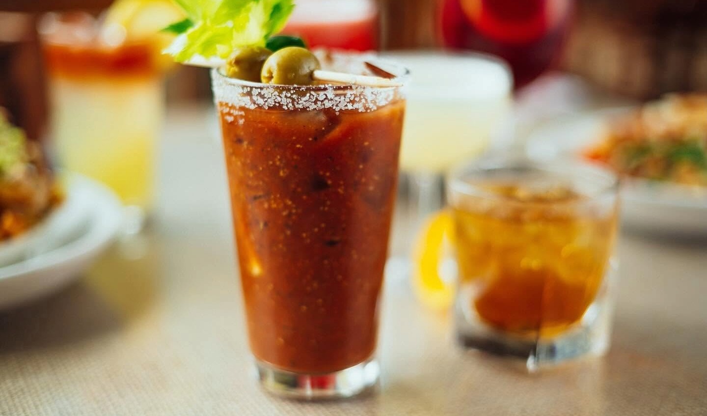 Bloody Mary brunch cocktail with celery and olives at 55 South in Franklin, TN.