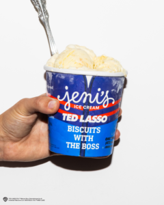 Jeni’s Ice Creams Ted lasso Biscuits with the Boss, ice cream flavor available in Franklin, Brentwood and Nashville, by Jeni’s Ice Creams and Warner Bros. Discovery Global Consumer Products.