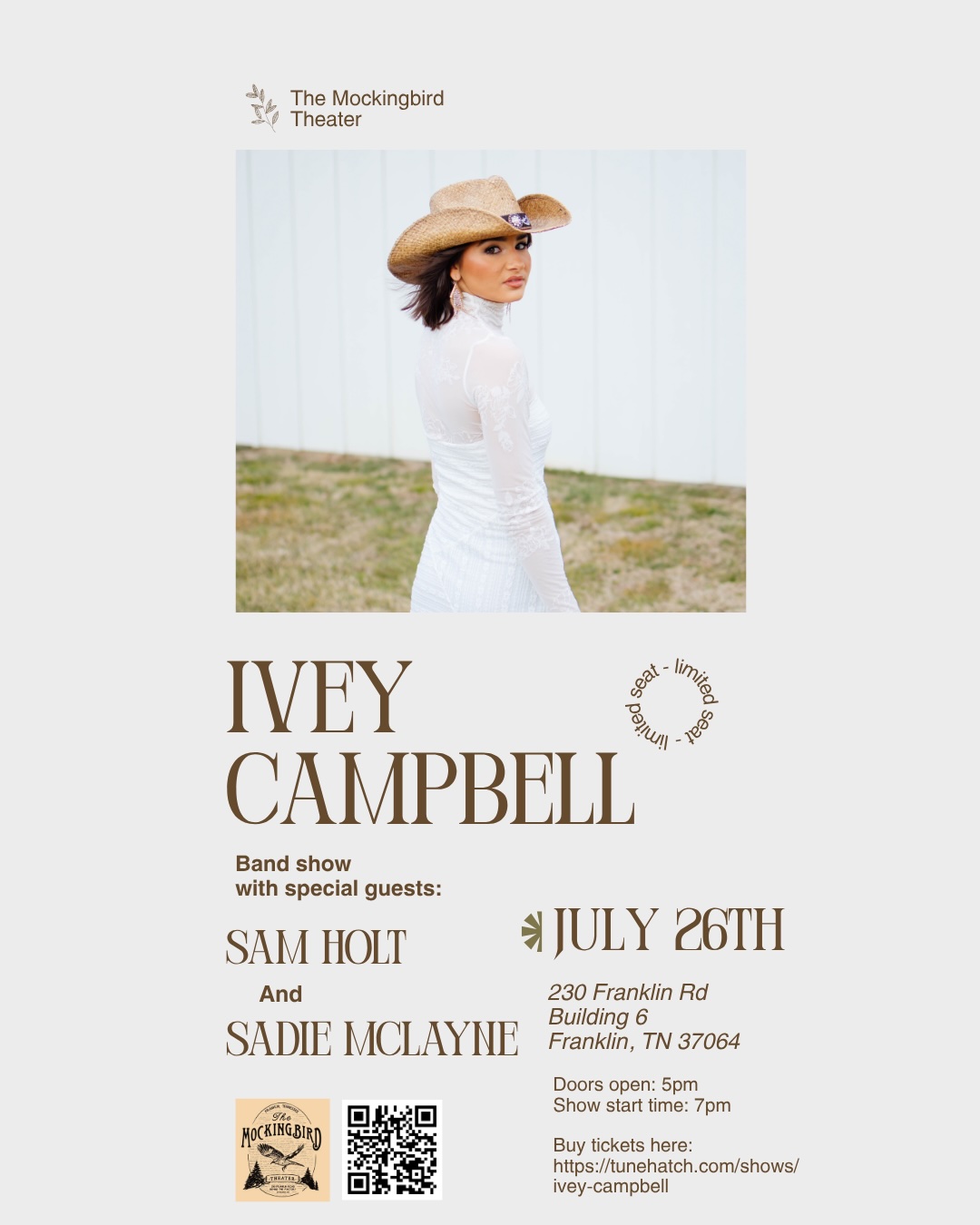 Local Williamson County High School Student- Ivey Campbell wins National Singing Competition. Come see her play at the Mockingbird Theater, Franklin TN on July 26, 2026.