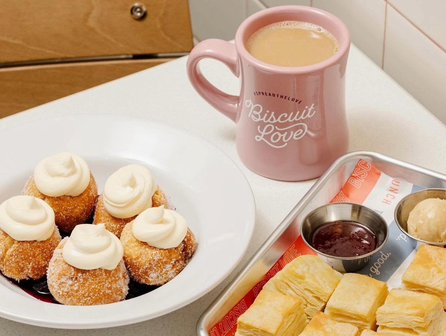 Bonuts and biscuits with jam and butter at Biscuit Love in Berry Farms Franklin, TN.