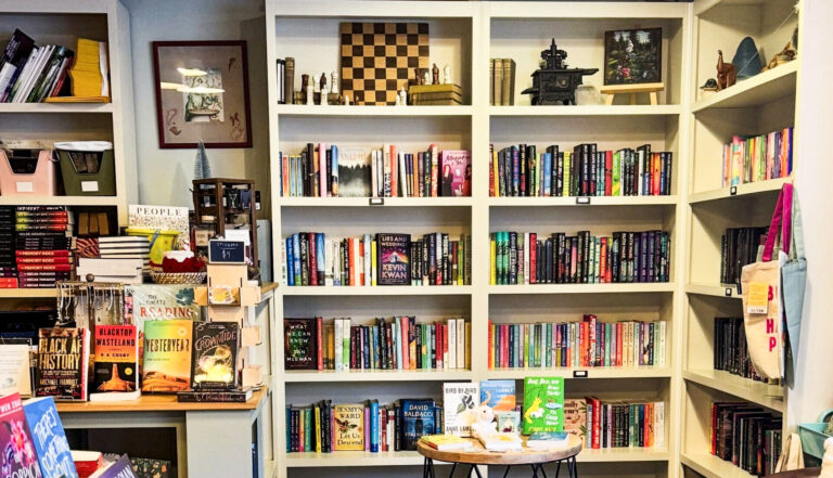 Book displays and curated selections inside Bound Booksellers at The Factory at Franklin in Franklin, Tennessee.