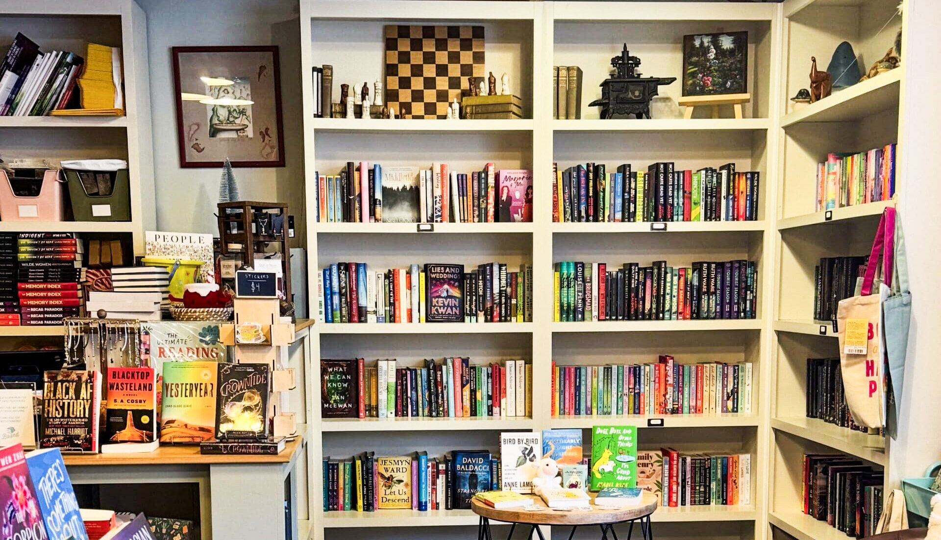 Book displays and curated selections inside Bound Booksellers at The Factory at Franklin in Franklin, Tennessee.