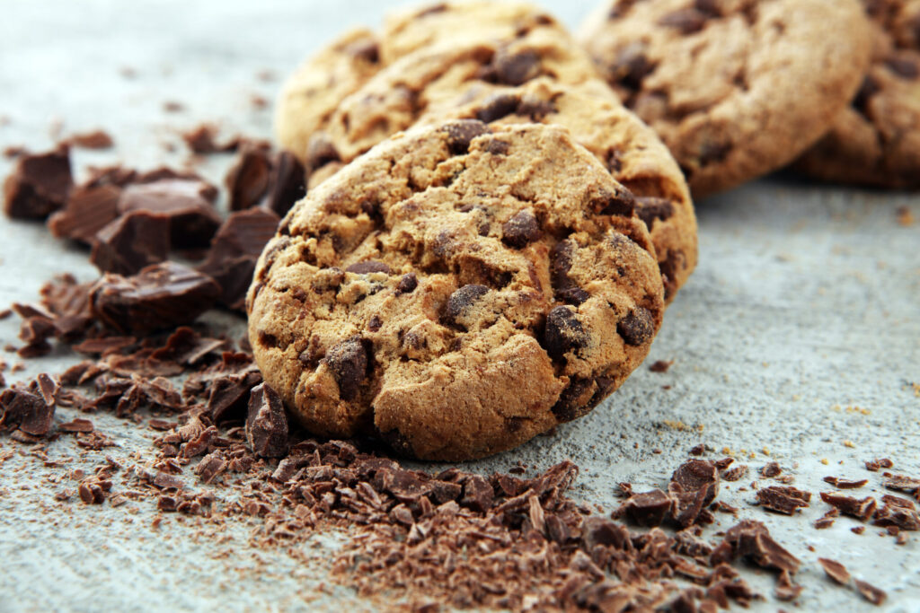 Chocolate chip cookies surrounded by chocolate pieces for a downtown Franklin cookie guide.
