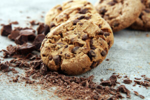 Chocolate chip cookies surrounded by chocolate pieces for a downtown Franklin cookie guide.