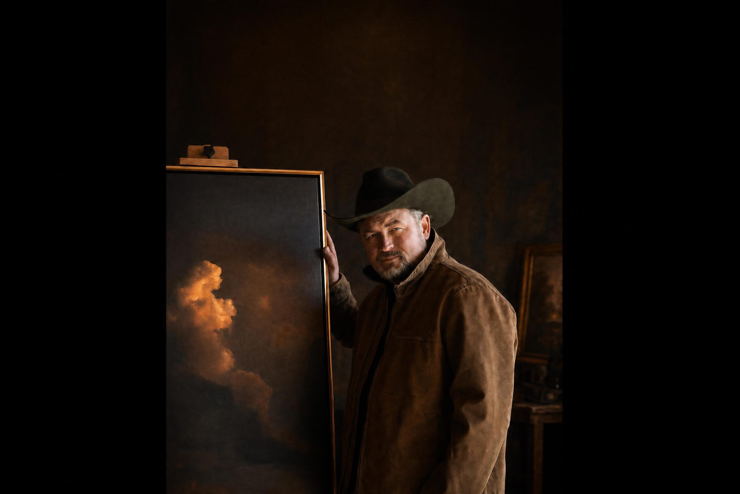 Dane Howard poses with a dramatic cloud painting from his TN COWBOY exhibit