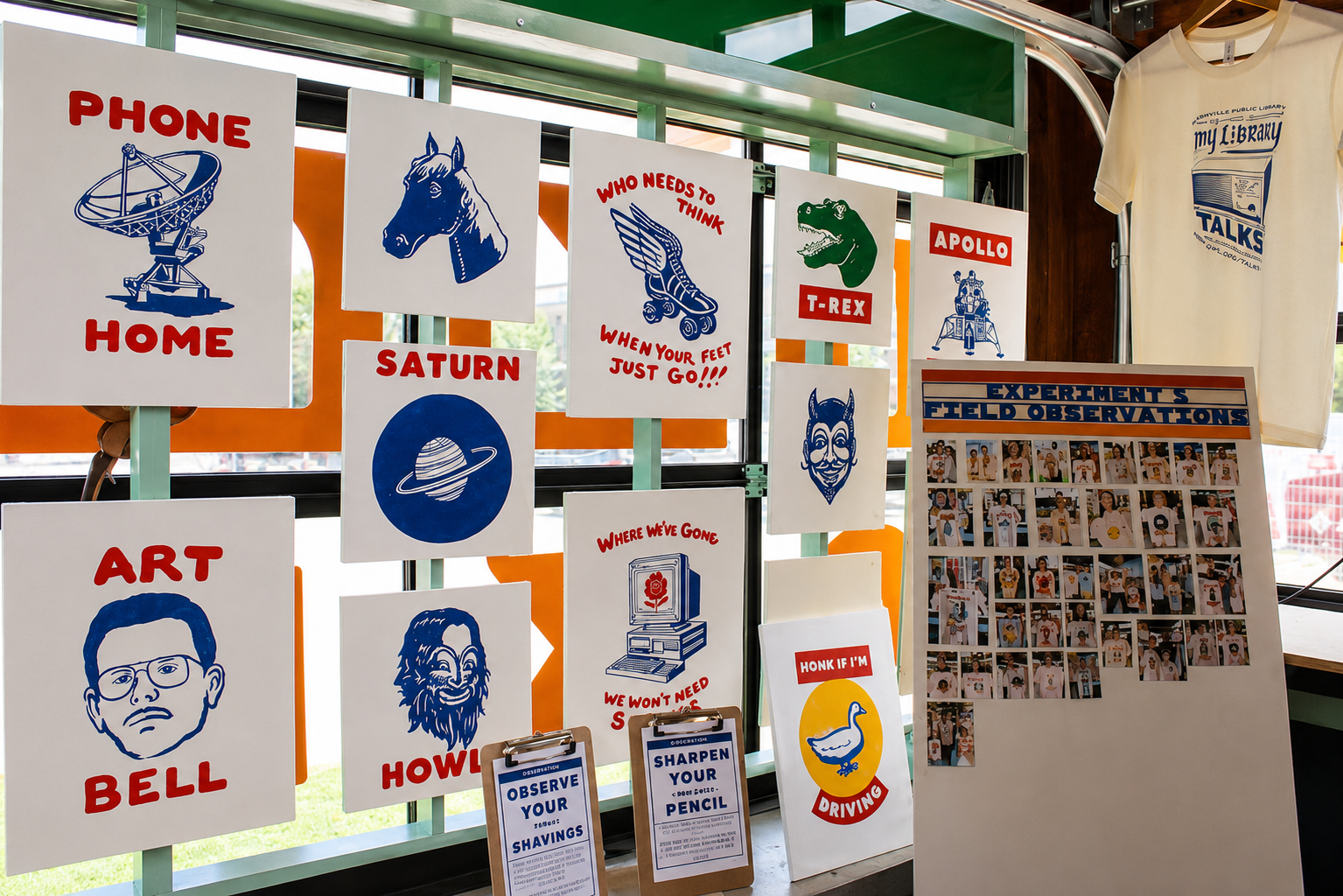 Hand-printed shirt designs and Experimart field observations display at The Factory at Franklin