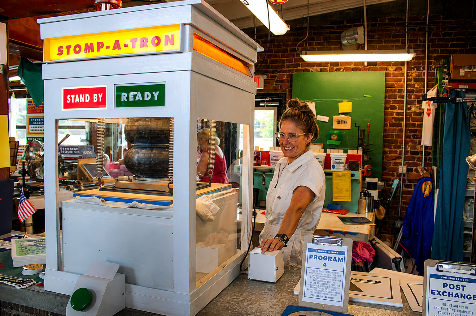 Experimart staff member operating the Stomp-A-Tron shirt-printing machine at The Factory at Franklin