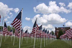 Healing Field: Flags of Remembrance Memorial Display in Murfreesboro, TN, at First United Methodist Church.