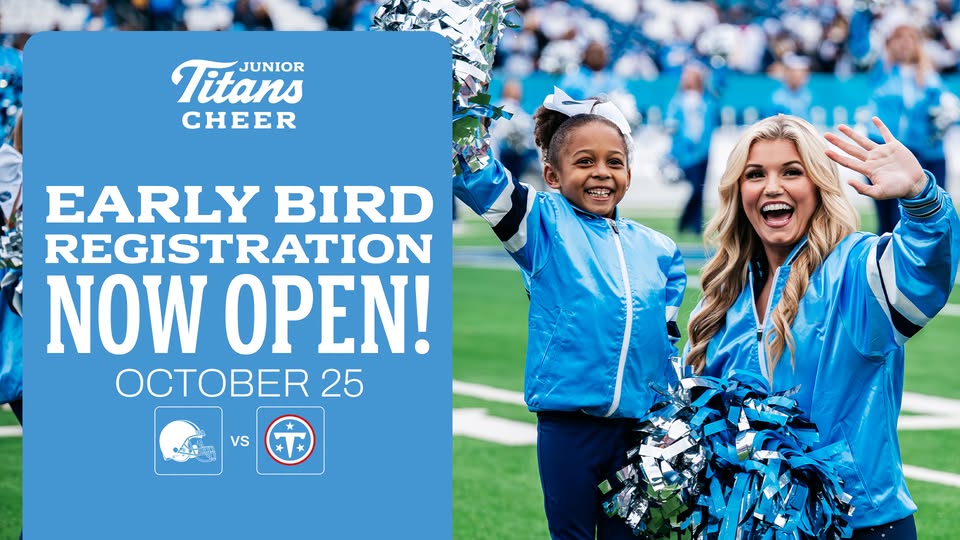 Registration information for Junior titans cheerleader program in Nashville, Tennessee, highlighting sign-up details for youth cheerleading participation.