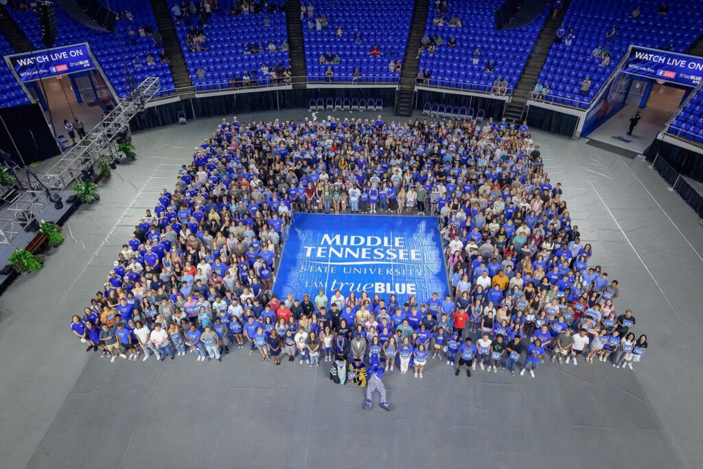 Large group of Middle Tennessee State University students gathered inside an arena in Murfreesboro, Tennessee.