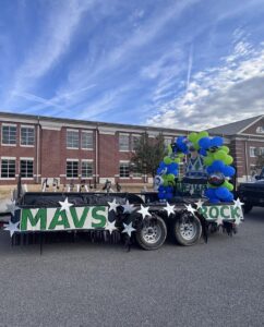 Decorated Mill Creek Middle School parade float outside the school in Nolensville, Tennessee.