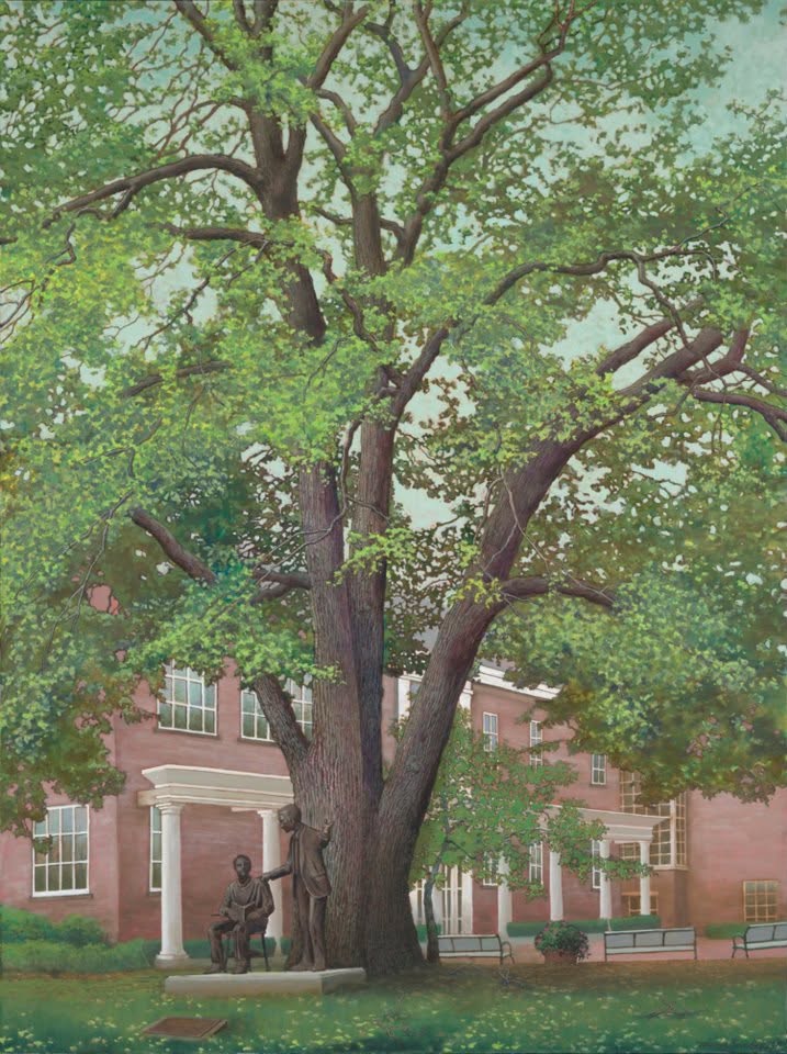 Historic campus building and large tree at Montgomery Bell Academy in Nashville, Tennessee.