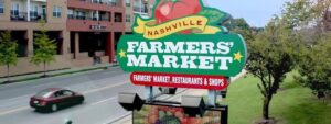 Nashville Farmers’ Market sign outside the year-round public market near downtown Nashville, Tennessee.